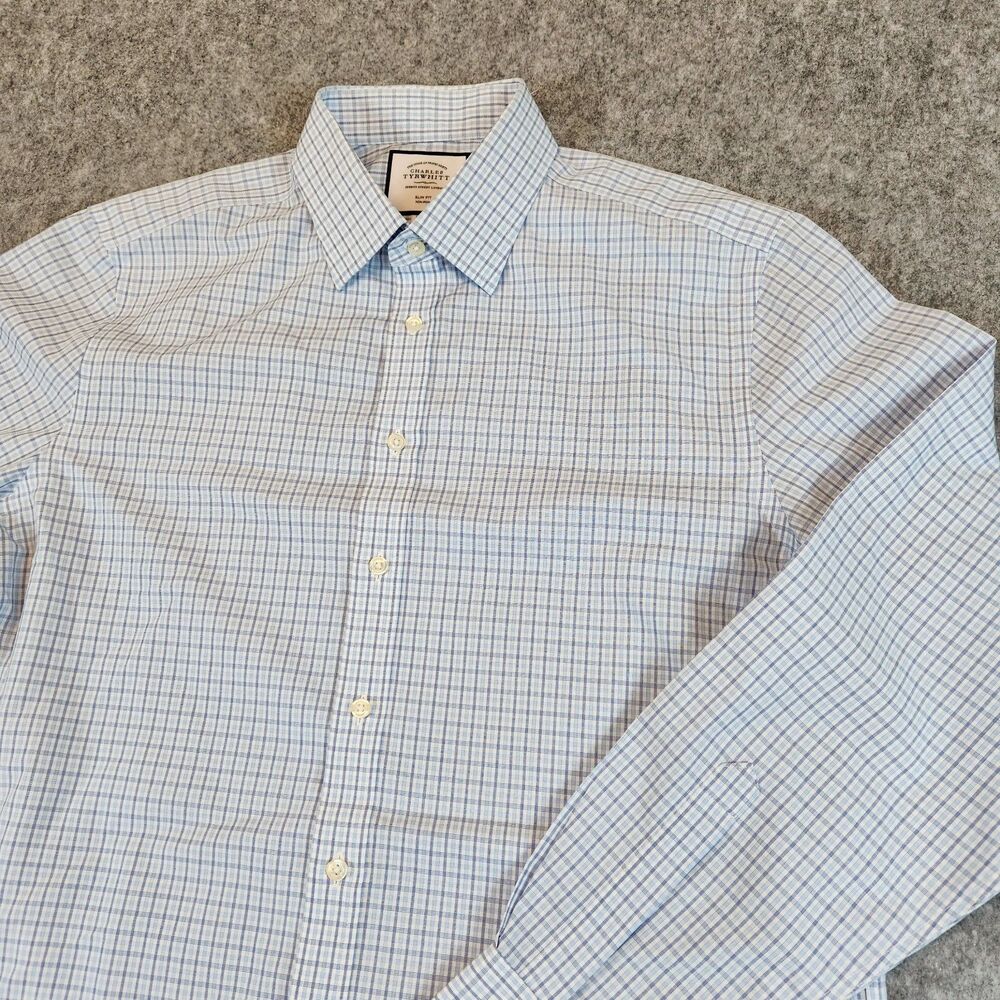 Charles Tyrwhitt Dress Shirt Men 17/36 Blue Plaid‎ Slim Non Iron Work Business - Picture 2 of 10